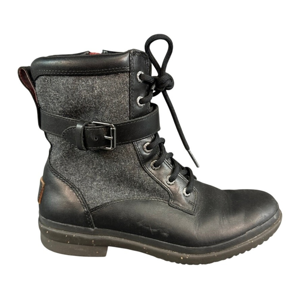 UGG Kesey Waterproof Black Leather Grey Wool Combat Boots Women Size 7.5